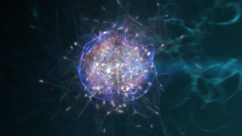 Protons colliding, abstract animated background. Elementary particles  emitting.