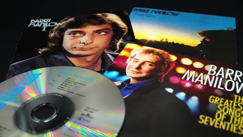 Rome, January 31, 2019: CD and artwork of American singer BARRY MANILOW. It has sold over 75 million copies worldwide