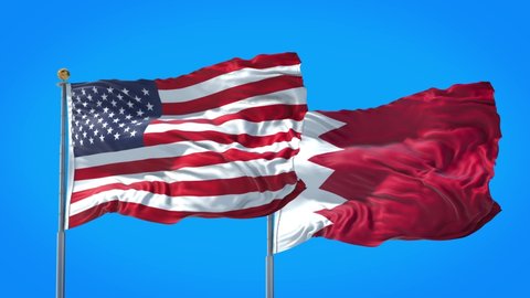 Bahrain and United States flag waving in deep blue sky together. High Definition 3D Render.