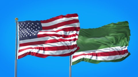 Chechnya and United States flag waving in deep blue sky together. High Definition 3D Render.