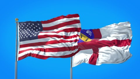 Herm and United States flag waving in deep blue sky together. High Definition 3D Render.