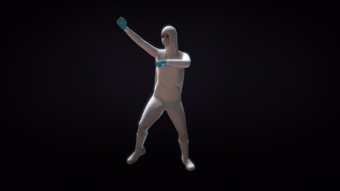 3D medical doctor nurse adult man in a uniform and mask performing a silly hip-hop disco clubbing dance on a black background