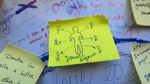 Mumbai, India - Feb 08 2020: White board with a lot of sticky notes written with pledges and messages to donate organs