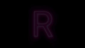 Pink neon font letter R uppercase blinks and appear in center and disappear after some time. Animated neon alphabet symbol on black background. 4k 60 fps video.