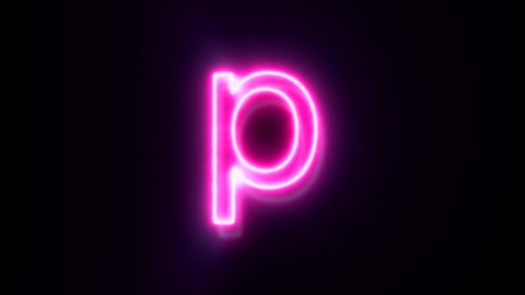 Pink neon font letter P lowercase blinks and appear in center and disappear after some time. Animated neon alphabet symbol on black background. 4k 60 fps video.