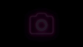 Pink neon photo camera sign blinks and appear in center and disappear after some time. Animated neon symbol on black background. 4k 60 fps video.