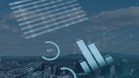 Animation of data processing with business graphs and financial statistics over cityscape with clouds on blue sky in the background. Global finance and business growth concept digital composite.  - Powered by Shutterstock - Get 15% off with code: PIKWIZARD15