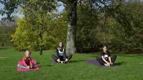 Kids Practicing Yoga on Roll Mats in the City Park. Workout Fitness Outdoor for Children. Slow Motion. Healthy Lifestyle Concept - Powered by Shutterstock - Get 15% off with code: PIKWIZARD15