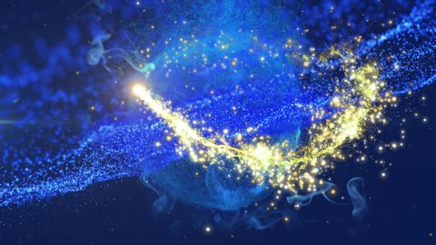 Animation of glowing blue particles forming a line on diagonally divided purple background with gold light trail passing 3d digital design composite video animation.