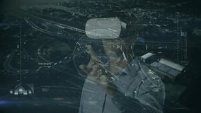Animation of data processing with man wearing a VR headset and cityscape in the background. Virtual global connections. 3d digital design composite video animation. - Powered by Shutterstock - Get 15% off with code: PIKWIZARD15