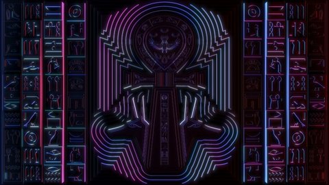Neon Blue Egyptian Ankh with Anubis and hieroglyphs brick wall. 3D animation. Perfect 4K footage for TV show, stage design, documentary film or any Ancient Egypt related projects.