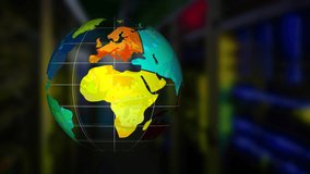 Global Business Technology Finance Concept Animation of data processing, multi coloured globe spinning with blurred office in the background 3d digital design composite video animation.