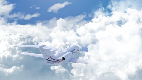 Aerial view of charter private jet flying above white clouds in a clear sunny day, camera chasing the plane from the right back side, 3d render