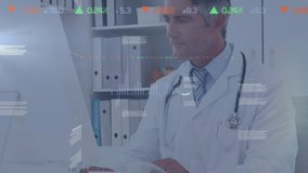 Animation of business data processing with financial growth charts and statistics moving with male doctor talking on the phone in the background. Global finance business growth concept. - Powered by Shutterstock - Get 15% off with code: PIKWIZARD15