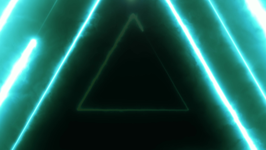 Neon bakcground flying through edless glowing rotating neon triangles creating a tunnel, blue red pink violet spectrum, fluorescent 3d rendering infinity light, modern colorful lighting, 4k