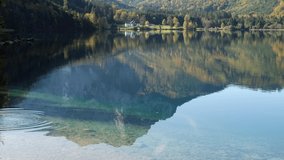 Sunny idyllic colorful autumn alpine video. Peaceful mountain lake with clear transparent water and reflections. Langbathseen lake, Upper Austria.
