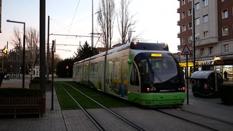 Vitoria-Gasteiz, Basque Country, Spain - February 10, 2020: CAF Urbos tramway near Lovaina Square