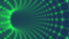 3D rendering. Abstract animated looped background. Traffic in a digital tunnel. Green lines of the edge vertex point. Flight in the information space. 4K.