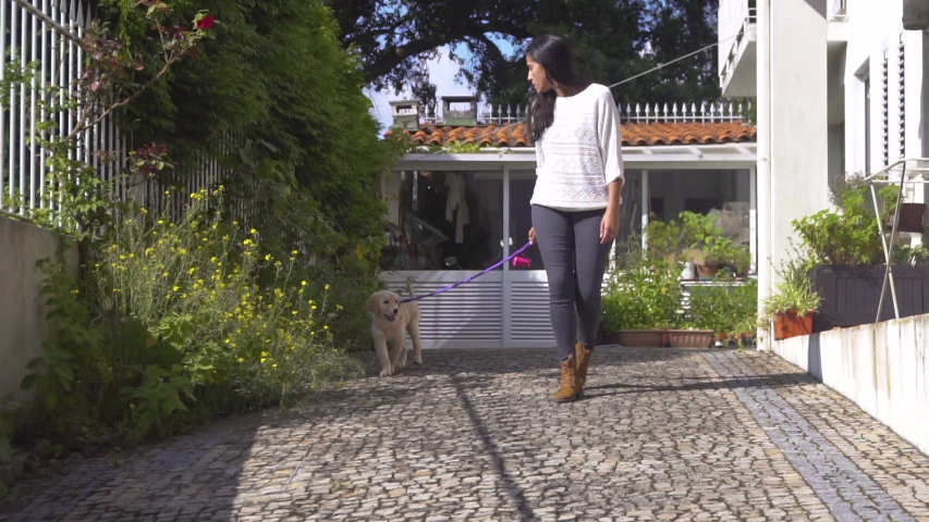 Woman walking female golden retriever puppy in back yard, slow motion
