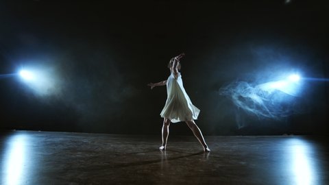 Modern choreography ballerina dancing on stage in the spotlight in slow motion. Dance musical show. Dramatic scene in the moonlight : vidéo de stock