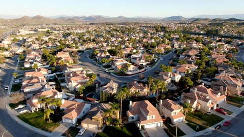 Aerial view of Menifee neighborhood, residential subdivision villa during sunset. Riverside County, California, United States
