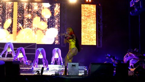 Miami Gardens, Florida/USA - February 01, 2020: Superfest Miami Live 2020. Saturday Live Performances in honor of the Super Bowl LIV. Singer Cardi B perfoming on main stage with dance crew footage