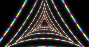 VJ loop sci-fi futuristic tunnel in triangle form. Fluorescent synthwave dotted pattern. Glowing bright neon lines background. 4k endless VJ motion