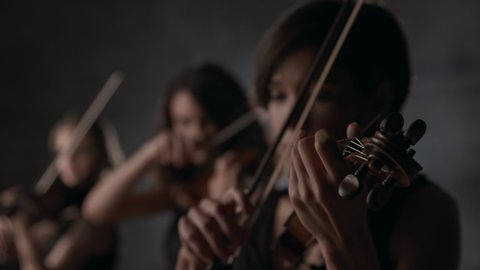 Symphonic Team of Three Music Players with Classic Wooden Violins. Equipment of Talented Women Playing Popular Acoustic Melody Indoors. Work of Pretty Woman as Violinist and Skill of Musician Closeup