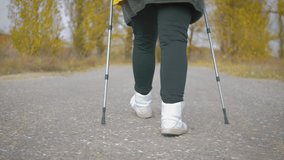 Senior woman making nordic walking in the autumn forest. Nordic walking race on autumn trail. Retired People Healthy Lifestyle Concept. Steadicam video.