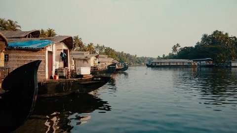 Aerial View of Traditional Indian houseboat near Alleppey on Kerala backwaters
