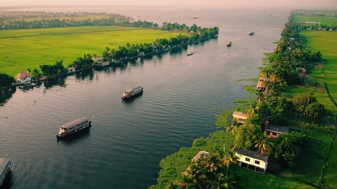 Aerial View of Traditional Indian houseboat near Alleppey on Kerala backwaters