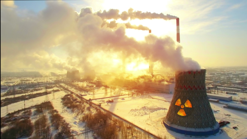 Aerial panoramic flight of hyperlaps around the nuclear power plant. Winter carbon dioxide emissions, Energy of smoke and steam, sun shines through clouds of smoke. Ecology and pollution of nature. | Shutterstock HD Video #1046384989