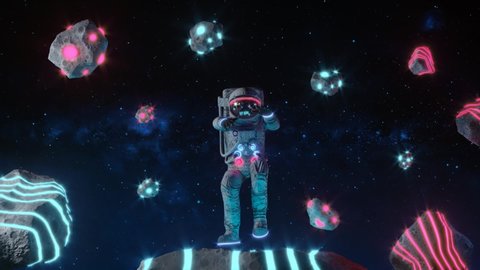 Funny Dancing Astronaut With Neon Light Asteroids In Space. Space Background. Retro Dance Party. Seamless Loop