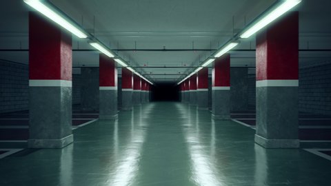 Walking through an empty underground parking garage. 
industrial interior. Loopable 4K ProRes cinematic CG animation.