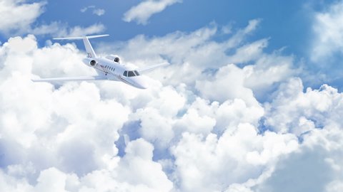 Aerial view of charter private jet flying above white clouds in a clear sunny day, camera in front of the plane, 3d render