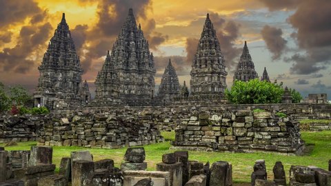 Sunset view of Prambanan Temple, one of the largest Hindu temples in Java Indonesia. 4K, UHD