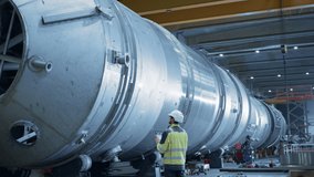 AR Concept: Industrial Engineer Uses Augmented Reality Digital Tablet to Scan Large Metal Construction, Special Effects Show Visualization  Digitalization of Oil, Gas and Fuel Transport Pipeline. - Powered by Shutterstock - Get 15% off with code: PIKWIZARD15