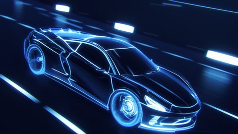 3D Car Model: Detailed Silhouette of Sports Car Driving at High Speed, Racing Through the Tunnel into the Light. Blue Supercar Made of Blue Lines Driving Fast on Highway in Tron Style. Special Effect