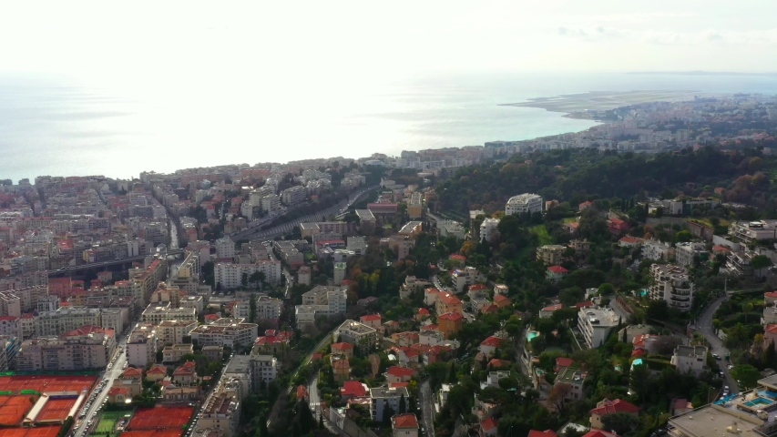 Nice, France, French Riviera. Aerial view of the historical cityscape. Mediterranean sea on the horizon