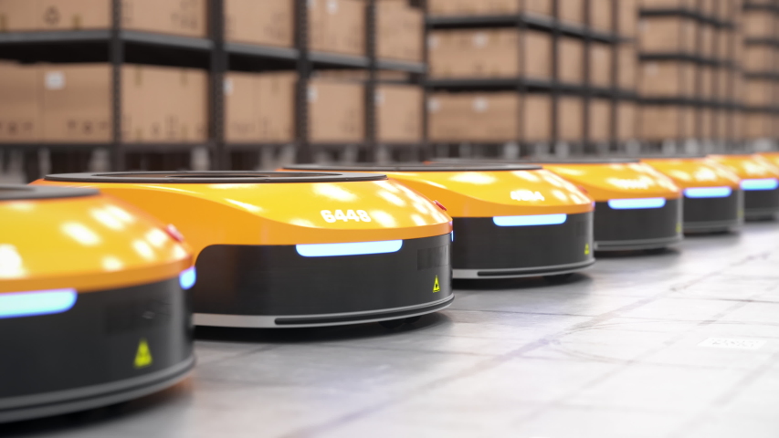 Row of autonomous robots start moving shelves with cardboard boxes in automated warehouse. Camera moves out. Automated warehouse of the future concept. Realistic high quality 3d rendering animation. Royalty-Free Stock Footage #1046406994