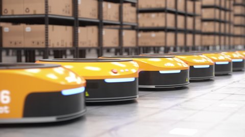 Row of autonomous robots start moving shelves with cardboard boxes in automated warehouse. Camera moves out. Automated warehouse of the future concept. Realistic high quality 3d rendering animation.