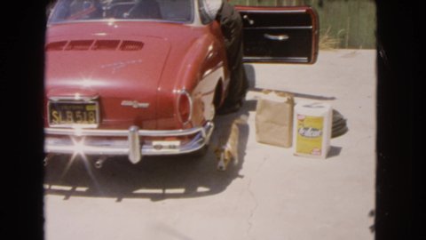 BARSTOW CALIFORNIA USA-1966: Small Dog Runs Past Red Sports Car Towards Camera As Guy Loads Car