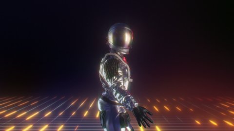 Retro-futuristic 80s CG Astronaut dancing on Disco Neon Lights background Stage. Modern Moves footage for your event, concert, stage design, editors and VJ for led screens and projection mapping show