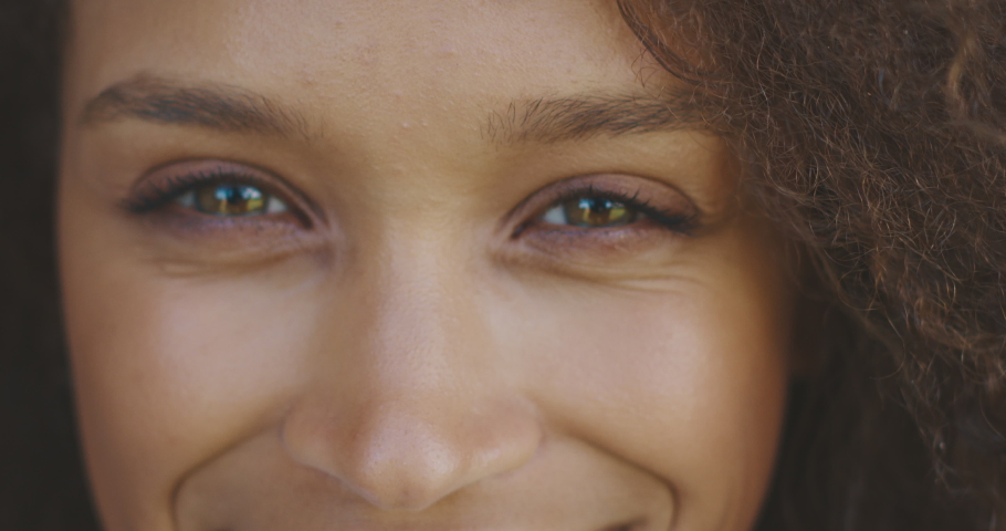 Close up portrait of a black woman's happy eyes looking into the camera, close up emotions