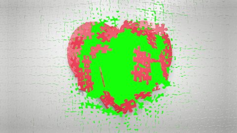 Jigsaw Puzzles Fly and Arrange into a Red Heart on Black and Green Screen Background. Dynamic 3D Render of White Puzzle Pieces Forming Love Symbol
