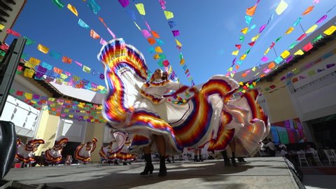 Puerto Vallarta, Jalisco, Mexico - January 28, 2020: Traditional folklore dance with beautiful dresses in Mexico. Traditional and folkloric dances are famous all over Mexico and Latin America.