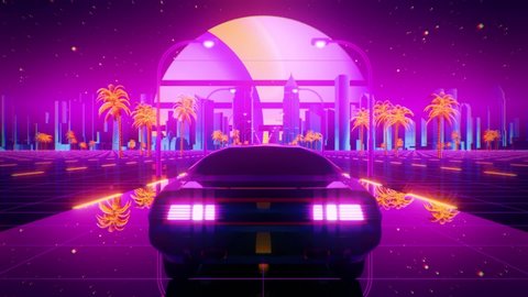 3D Retro Synthwave Night City Car VJ Loop Motion Background with glitch effect 