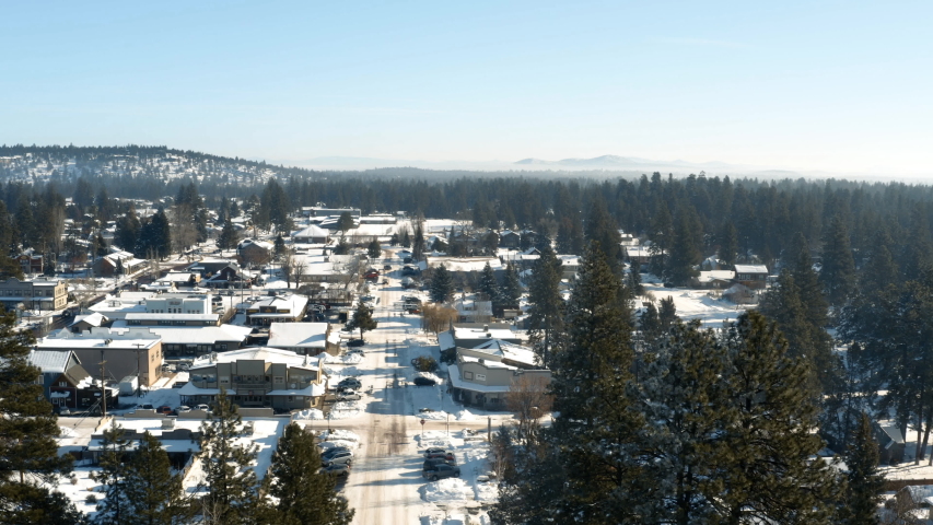 Aerial of small town Sisters in Central Oregon, near Bend