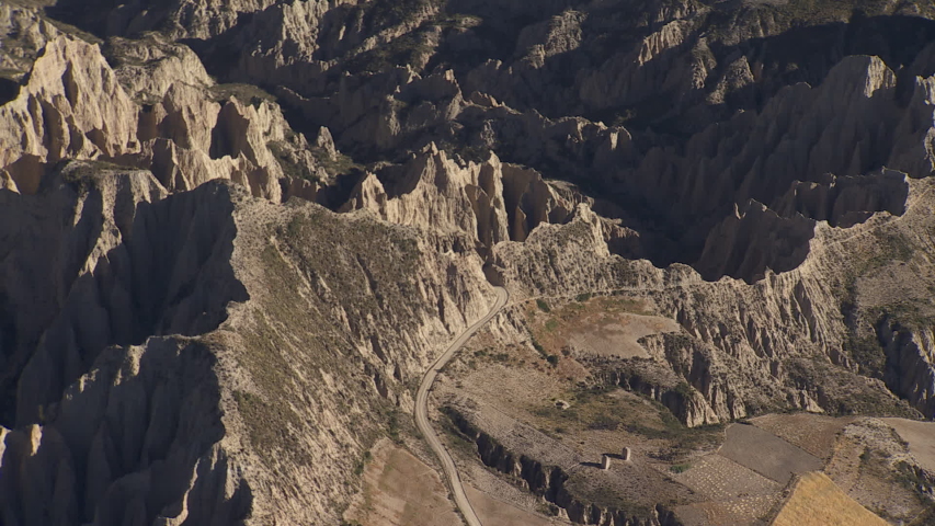 Aerial view of the mountains, arid and protruding from the southeast of la Paz, Bolivia.