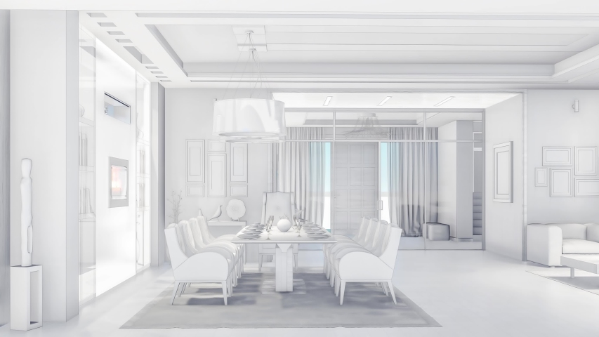 3d illustration of a black and white interior painted as a mockup. Smooth movement inside the room of a private house